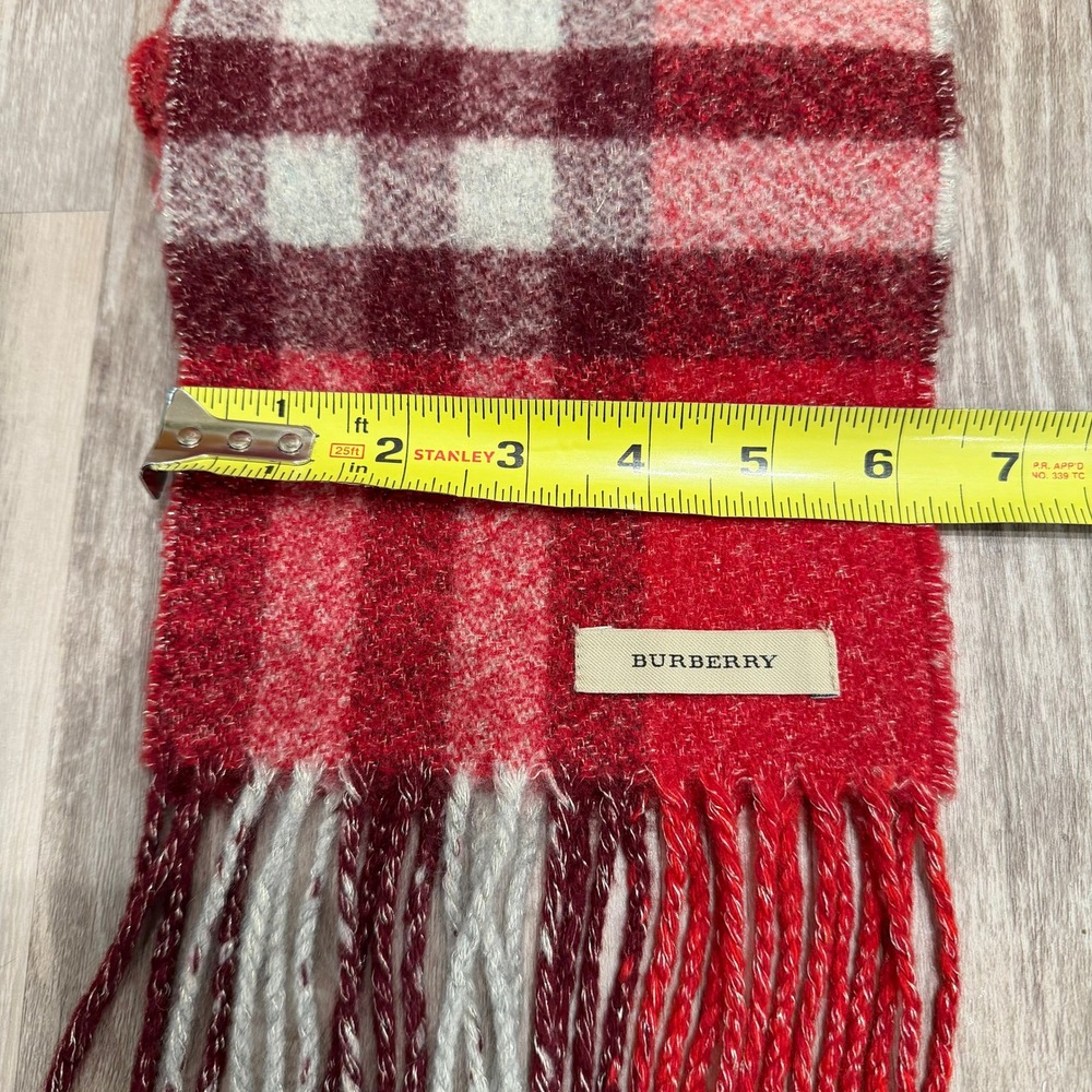 Burberry Nova Check Plaid Wool Blend Scarf Red White Burgundy Fringe Long Thin - Picture 5 of 6